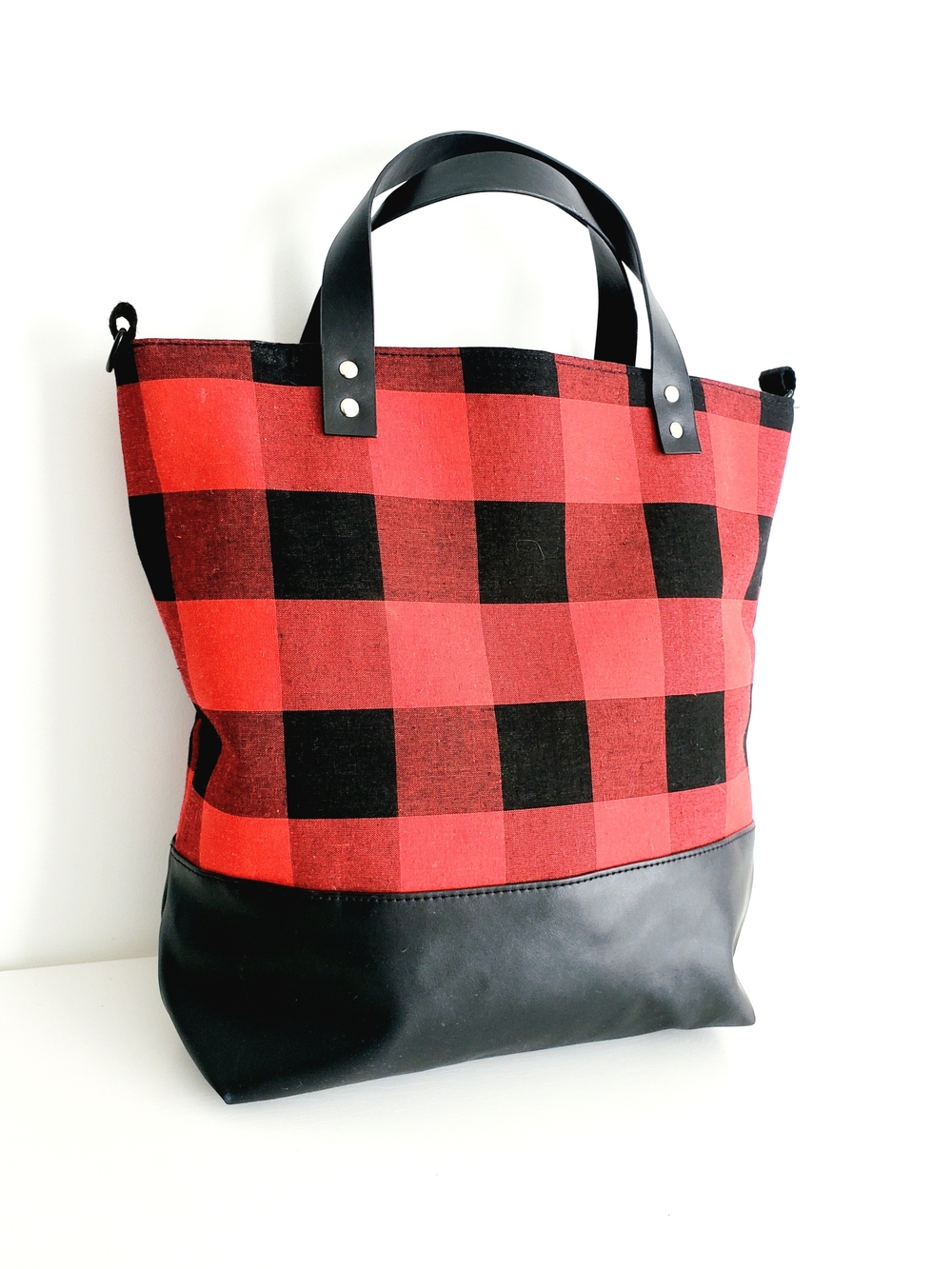 Red and Black Buffalo Plaid Tote Bag with Black Trim
